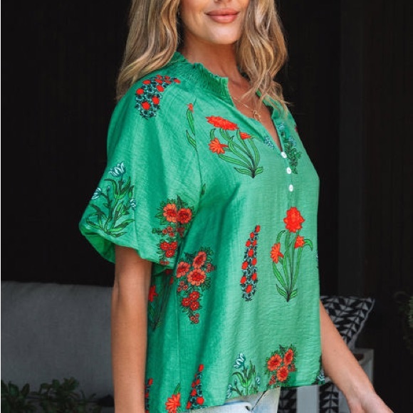 THML Green Floral Blouse with Red Accents - Picture 3 of 8